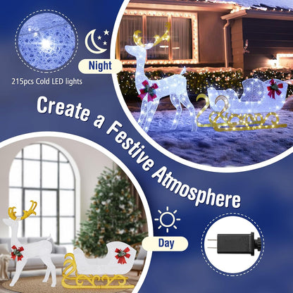 Tangkula 6 FT Christmas Lighted Reindeer & Santa’s Sleigh Set, Cold White