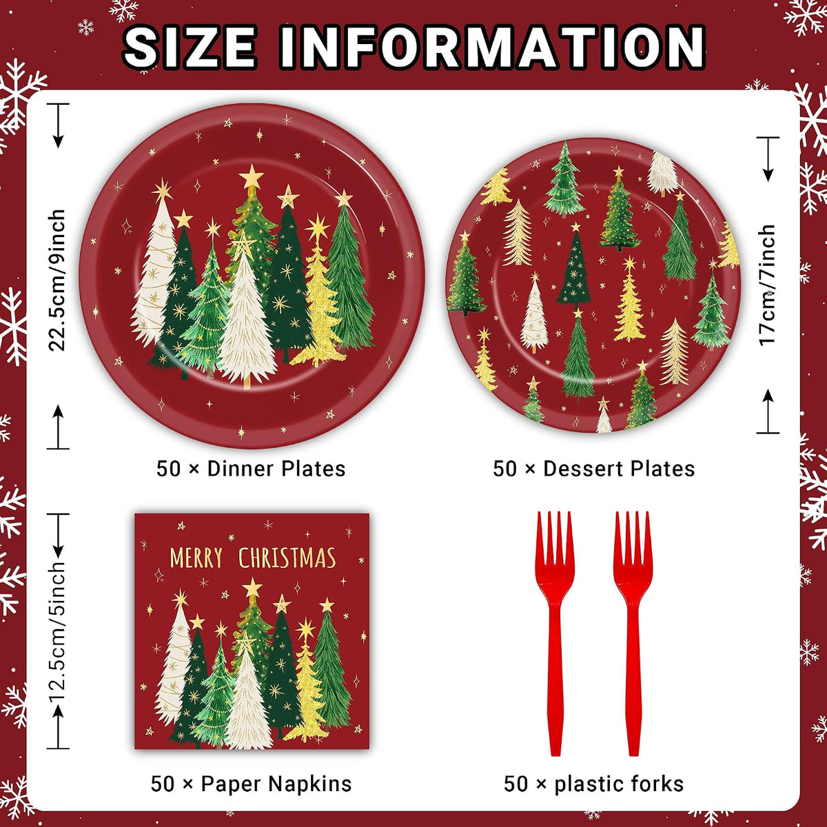 200Pcs Merry Christmas Paper Plates and Napkins ,Red Xmas Dinner Plates