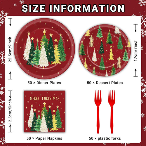 200Pcs Merry Christmas Paper Plates and Napkins ,Red Xmas Dinner Plates