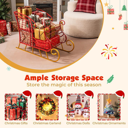 Tangkula Metal Christmas Santa Sleigh Basket, 2-Tier Red Xmas Santa's Gift Storage Sleigh with Large Cargo Area, Festive Decorative Sleigh Cart, Holiday Decoration for Home Office Carnival