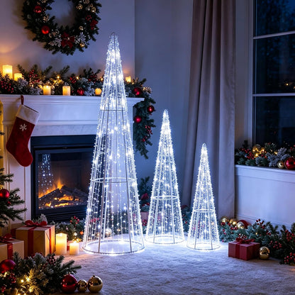 Tangkula Set of 3 Lighted Christmas Cone Trees with Warm White LED Lights