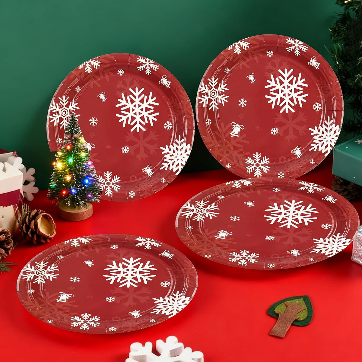 50PCS Christmas Paper Plates, 7 Inches Xmas Plates Disposable Red Snowflake Dinner Dessert Tableware Dinnerware Set for Christmas Winter Holiday Party Supplies Decorations Table Decor