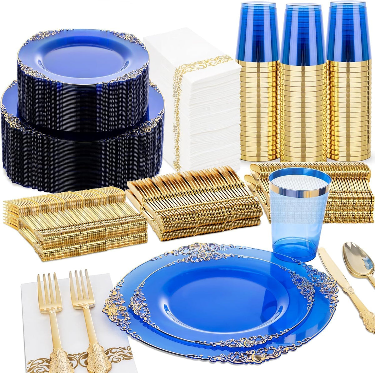Nervure 350Pcs Red Plastic Plates, Plastic Dinnerware Set for 50 Guests