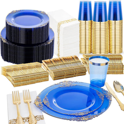 Nervure 350Pcs Red Plastic Plates, Plastic Dinnerware Set for 50 Guests