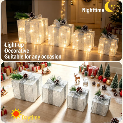 Hourleey Set of 4 Christmas Lighted Gift Boxes Warm White 70 LED Pre-lit