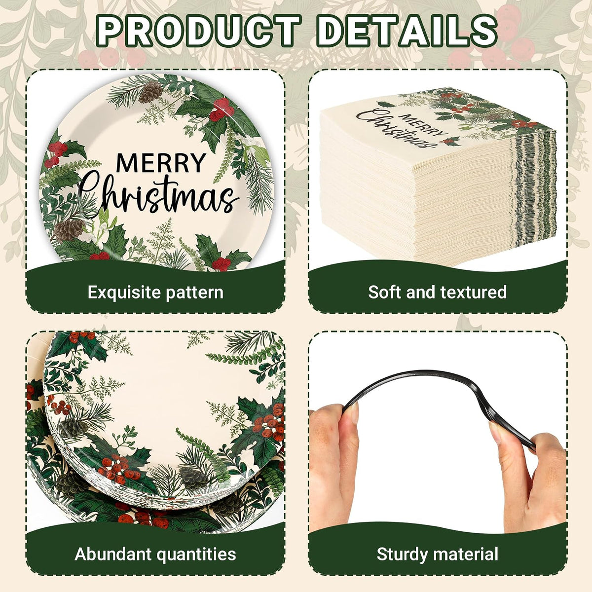 200Pcs Merry Christmas Paper Plates and Napkins , Xmas Dinner Party Plates