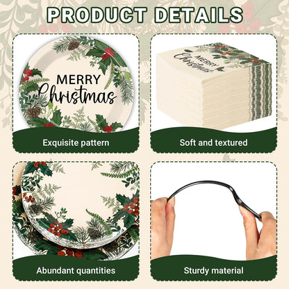 200Pcs Merry Christmas Paper Plates and Napkins , Xmas Dinner Party Plates