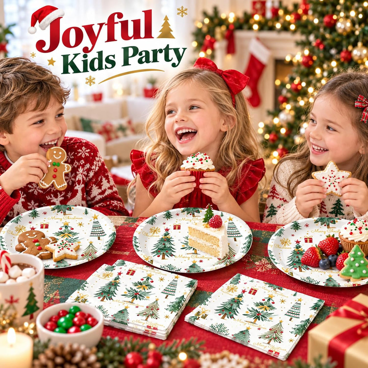Merry Christmas Plates and Napkins Set, 7inch Xmas Tree Party Decorations
