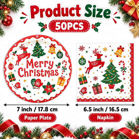 50PCS Christmas Plates and Napkins, 7 Inch Reindeer Dessert Plates