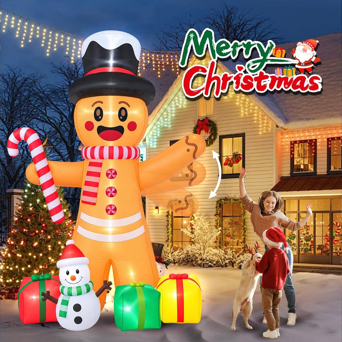 12FT Giant Christmas Inflatables Animated Gingerbread Man with LED Light,Outdoor Blow up Yard Decoration for Holiday Garden Decor