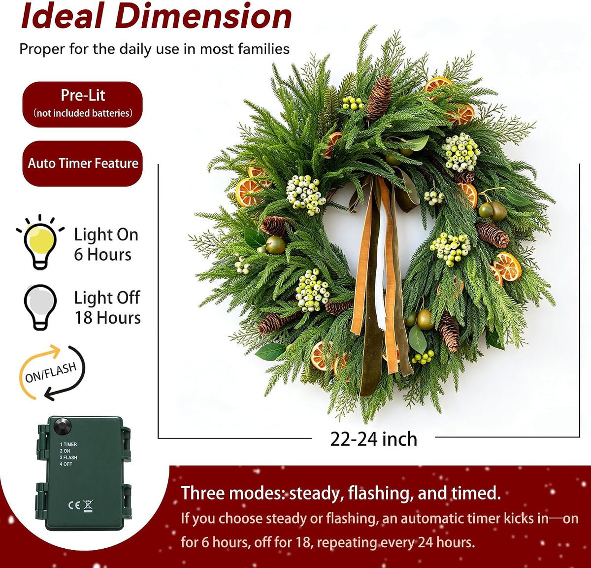 Christmas Wreaths for Front Door, Norfolk Pine Wreath with Light
