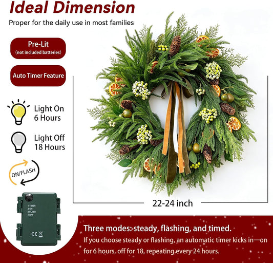 Christmas Wreaths for Front Door, Norfolk Pine Wreath with Light
