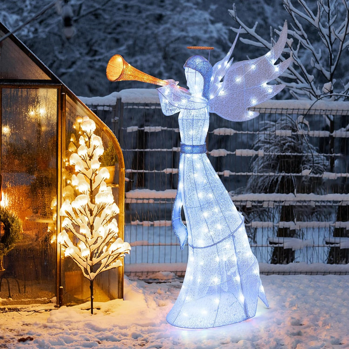 Tangkula 5 FT Christmas Lighted Angel with Trumpet & Halo, 3D Angel Decor