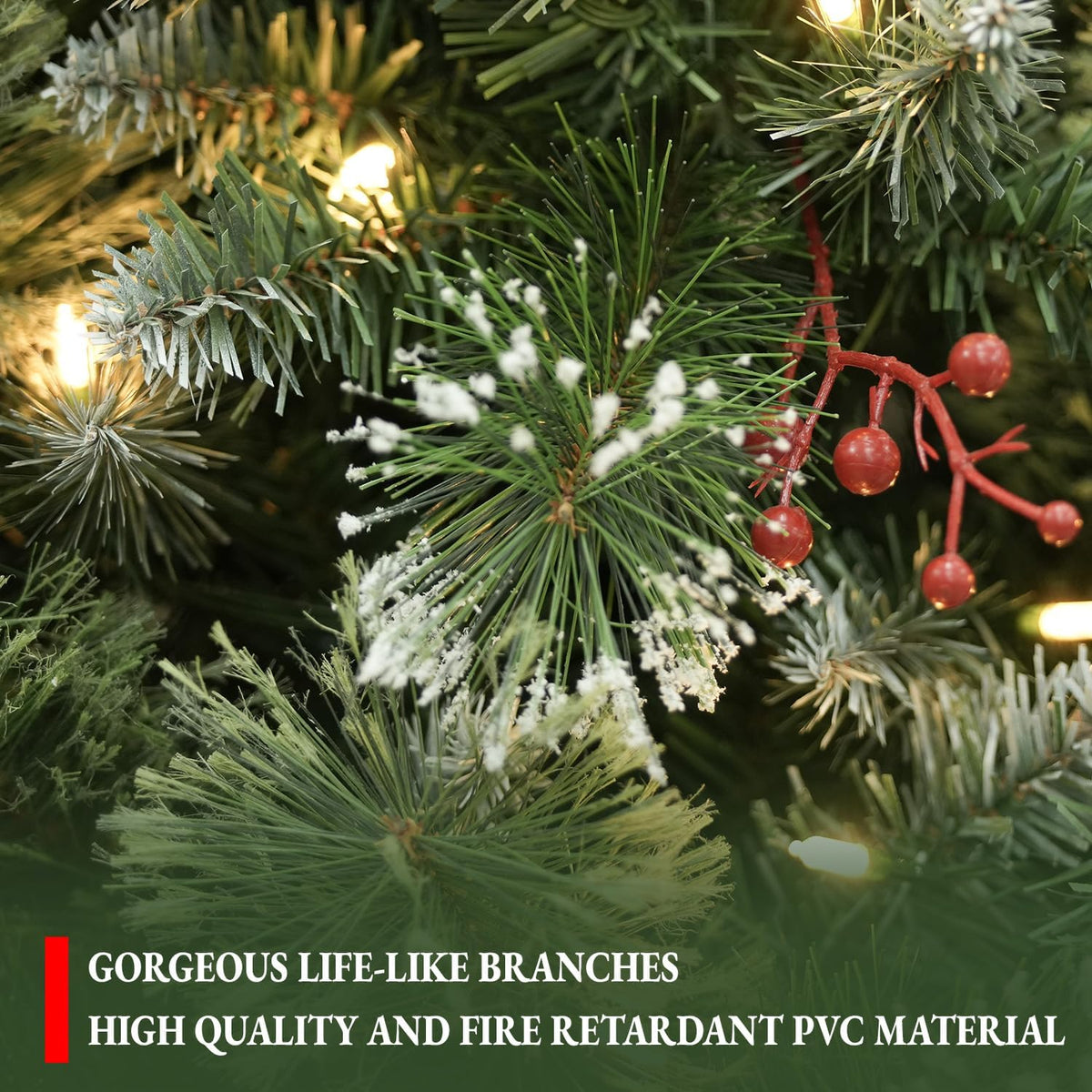 6FT Flocked Prelit Christmas Tree with Pine Needles&Red Berries