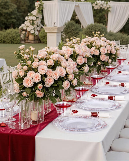 Nervure 350Pcs Red Plastic Plates, Plastic Dinnerware Set for 50 Guests