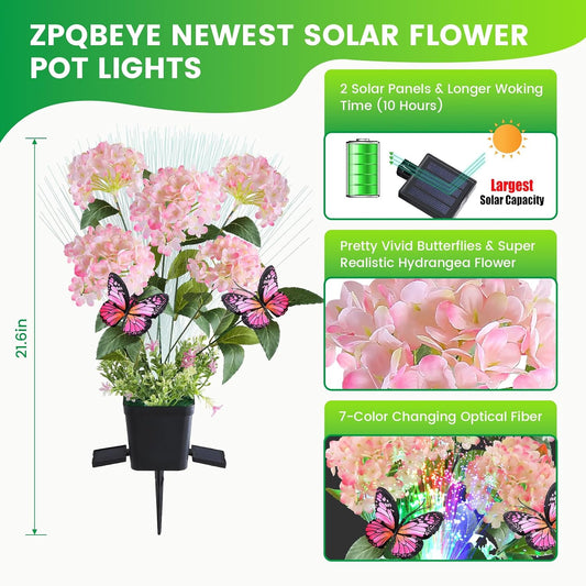 Solar Garden Lights Outdoor Waterproof Decorative Hydrangea Flower Pot 2 Pack with Butterfly & 7-Color Changing Optical Fiber,Solar Flowers for Outside Garden Yard Decor,Gifts for Mother's Day