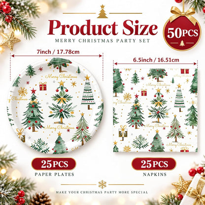 Merry Christmas Plates and Napkins Set, 7inch Xmas Tree Party Decorations