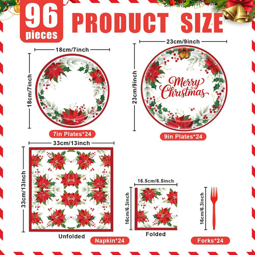 96 Pieces Christmas Poinsettia Tableware Set – Merry Christmas Disposable Plates, Napkins, Forks Party Supplies with Holiday Flower and Holly Designs for Xmas Parties Celebrations – Serves 24 Guests