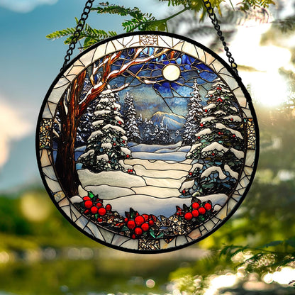 Winter Snow Night Scenery Stained Glass Window Hanging Suncatcher Gift 15"