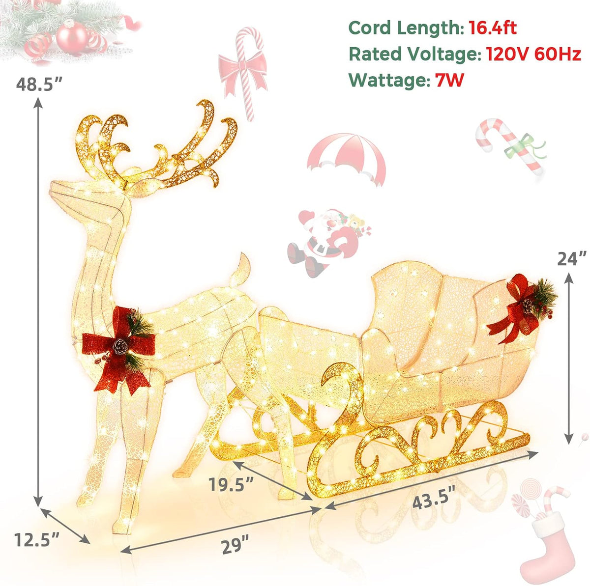Tangkula 6 FT Christmas Lighted Reindeer & Santa’s Sleigh Set, Warm White