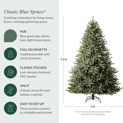 Balsam Hill 7.5 ft Unlit Classic Blue Spruce - Artificial Christmas Tree with 2,960+ Tips, Premium Stand & Easy Assembly for Indoor Holiday Decorating