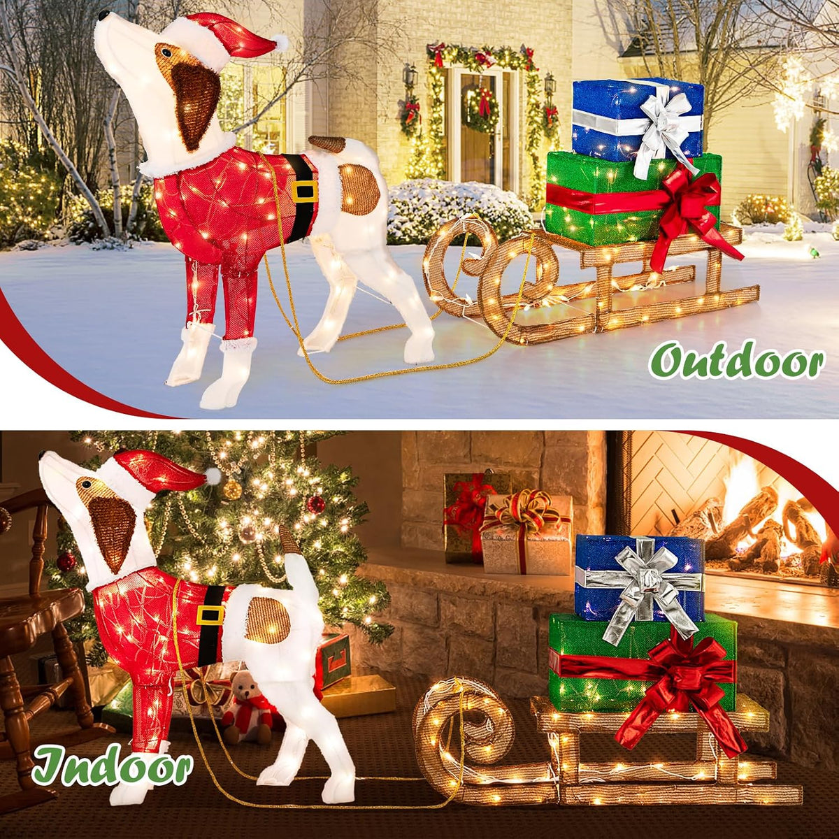Tangkula Lighted Christmas Dog with Sleigh & Gift Boxes Combo Decorations, Xmas Lighted Indoor Decorations, Pre-lit Christmas Decoration with 170 Warm Bright Lights for Porch Garden Patio Yard