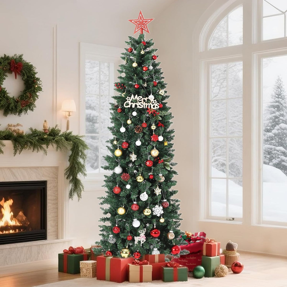 Garvee 6 ft Christmas Tree, Artificial Prelit Pencil Tree, Easy Assemble, Xmas Decor for Home Party Office Mall Holiday