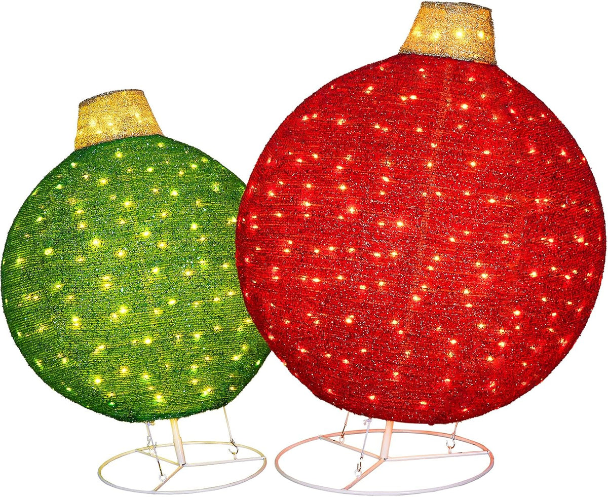 Hykolity 2 Pack 30" + 24" Pop-Up Pre-Lit Outdoor Christmas Ornament Set, Holiday Ball Decoration with 230 Warm White LEDs, 8 Light Modes & 18H Timer, Red & Green