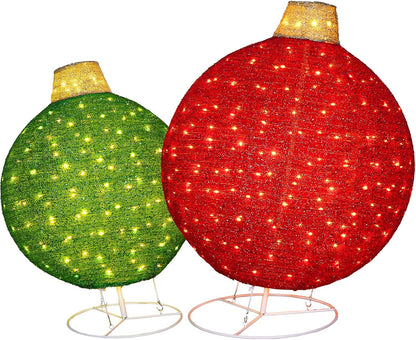 Hykolity 2 Pack 30" + 24" Pop-Up Pre-Lit Outdoor Christmas Ornament Set, Holiday Ball Decoration with 230 Warm White LEDs, 8 Light Modes & 18H Timer, Red & Green