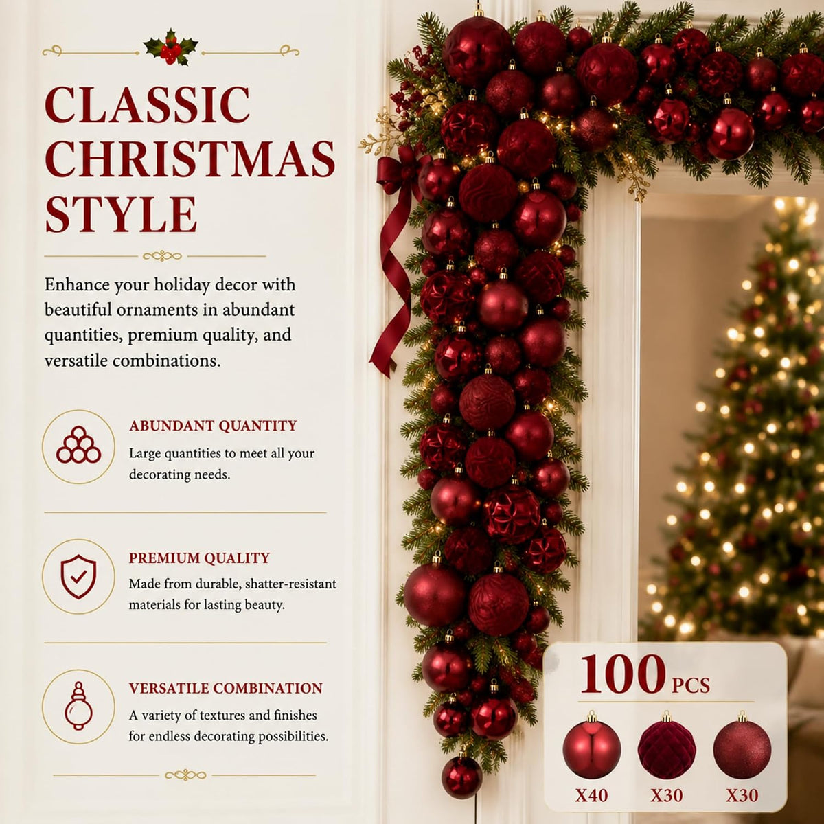 Hollowfly 56 Pcs Burgundy Velvet Christmas Balls Ornaments Set