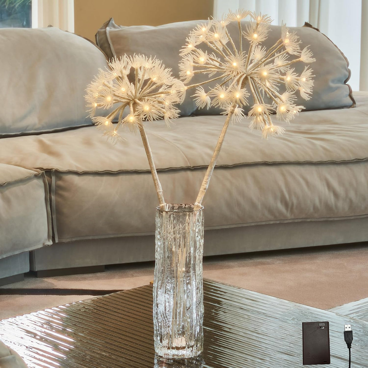 LITBLOOM Lighted Willow Branches with Timer Battery Operated and USB Plug in, Faux Dandelion Branches with Lights 27IN 70 LED Lights for Home Mantle Table Christmas Decoration