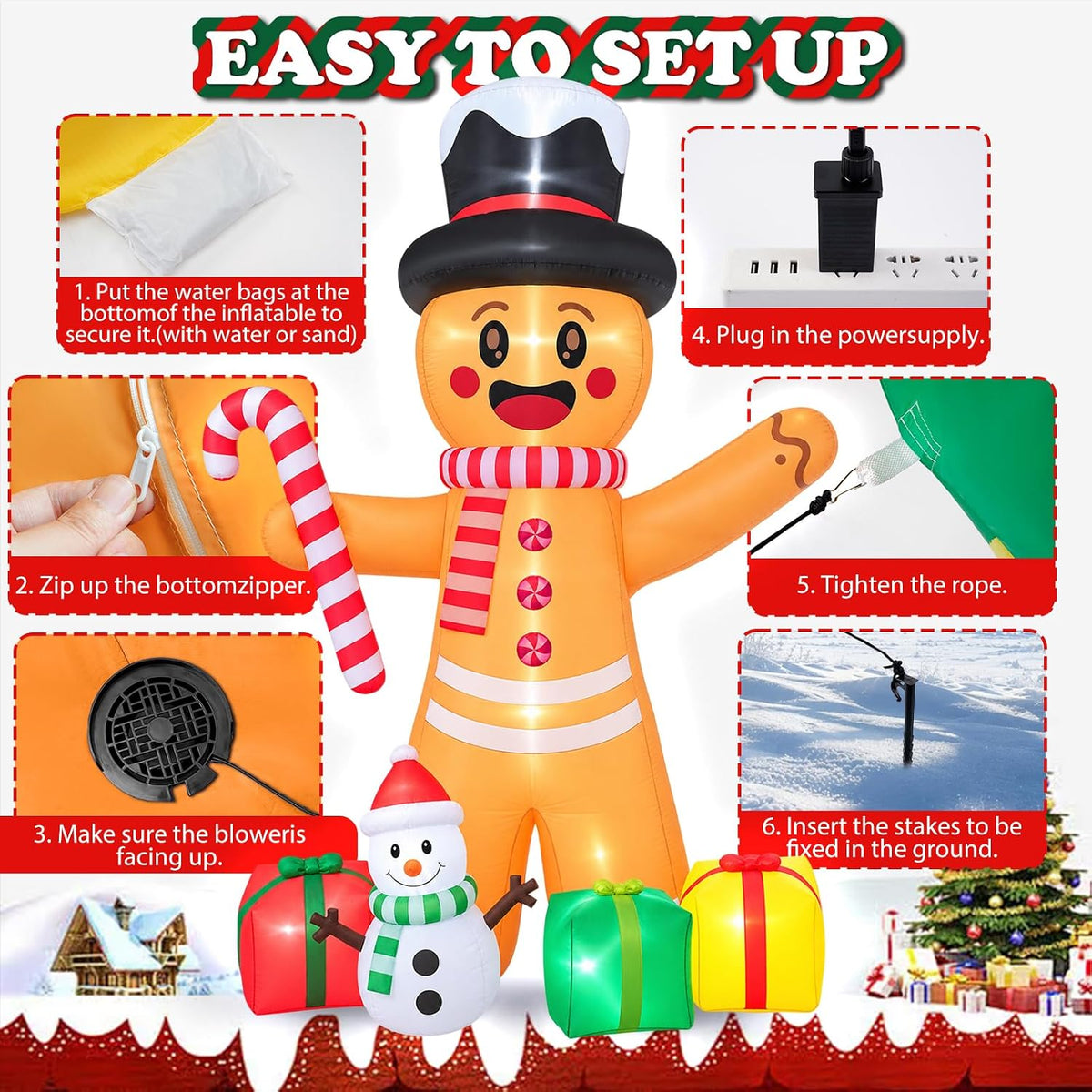 12FT Giant Christmas Inflatables Animated Gingerbread Man with LED Light,Outdoor Blow up Yard Decoration for Holiday Garden Decor