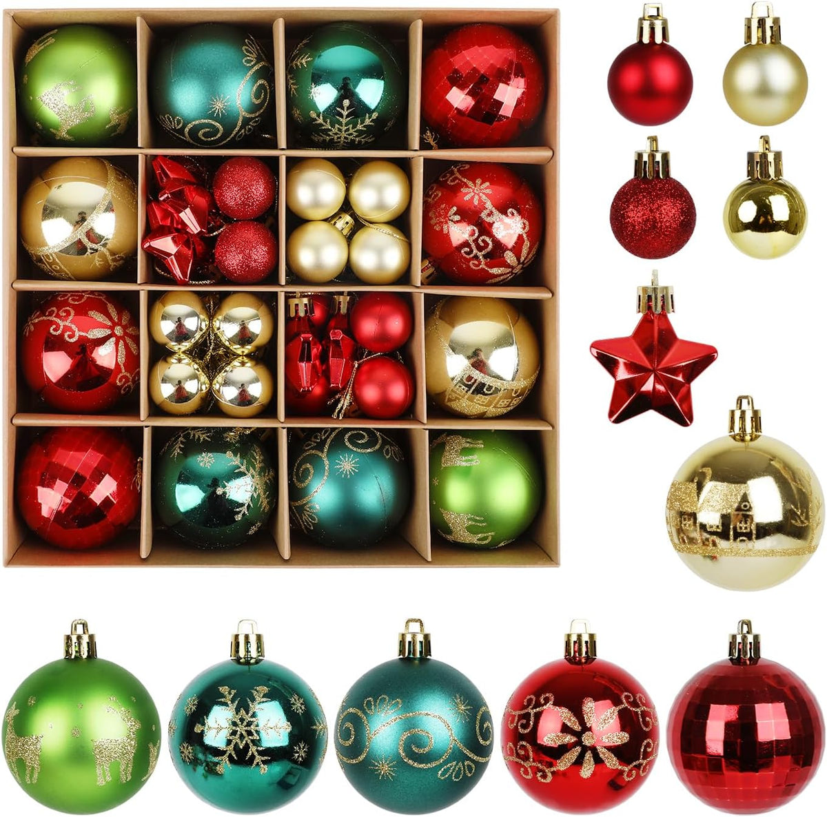 LOKIPA 44ct Christmas Ornaments, Shatterproof Red Green Gold Tree Balls Assorted Hanging Balls for Holidays Party Wedding Decoration (2.36Inch)