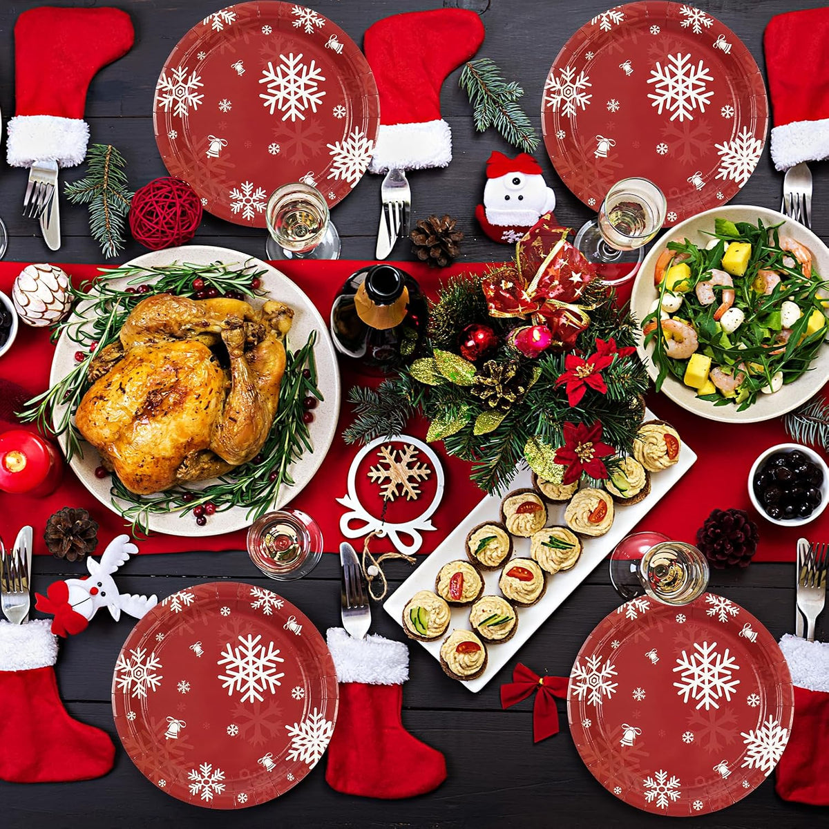 50PCS Christmas Paper Plates, 7 Inches Xmas Plates Disposable Red Snowflake Dinner Dessert Tableware Dinnerware Set for Christmas Winter Holiday Party Supplies Decorations Table Decor
