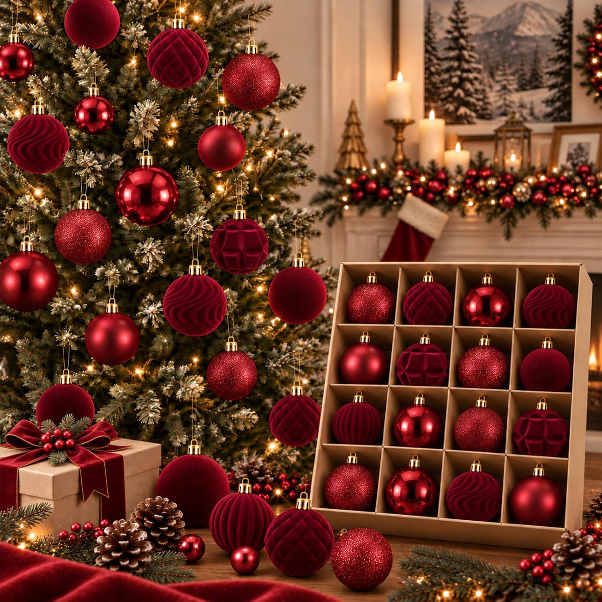 Hollowfly 56 Pcs Burgundy Velvet Christmas Balls Ornaments Set