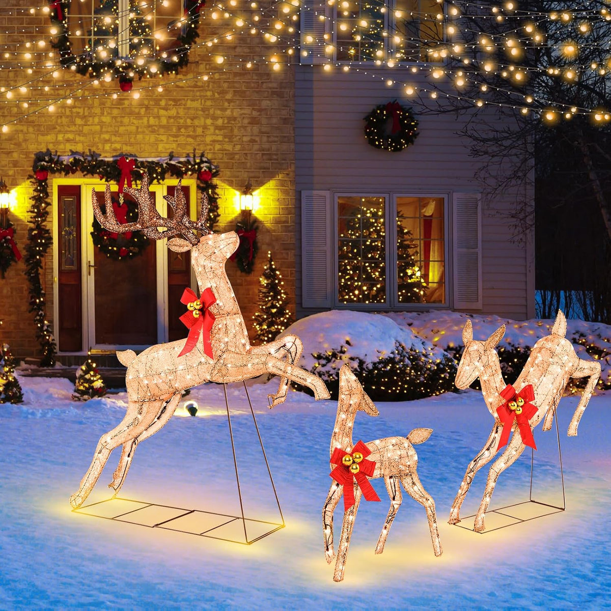 Tangkula 3 Pieces Lighted Christmas Reindeer, Holiday Reindeer Family Set