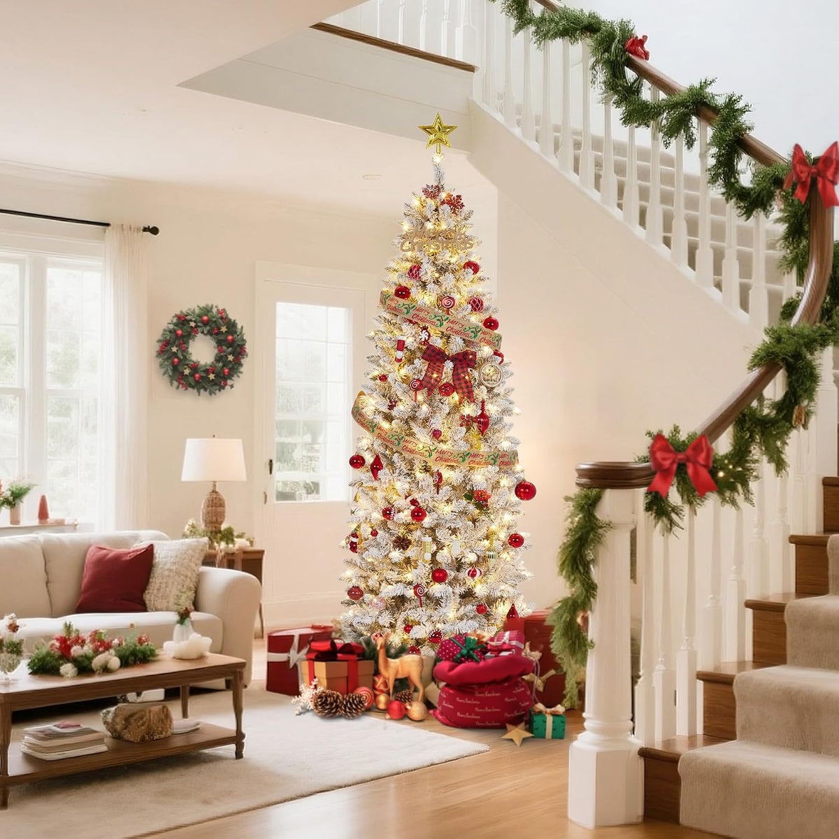 Garvee 6 ft Pencil Christmas Tree,Artificial Pre-Lit Christmas Tree,Realistic Frosted Xmas Tree Holiday Decoration, with LED Light and Metal Stand