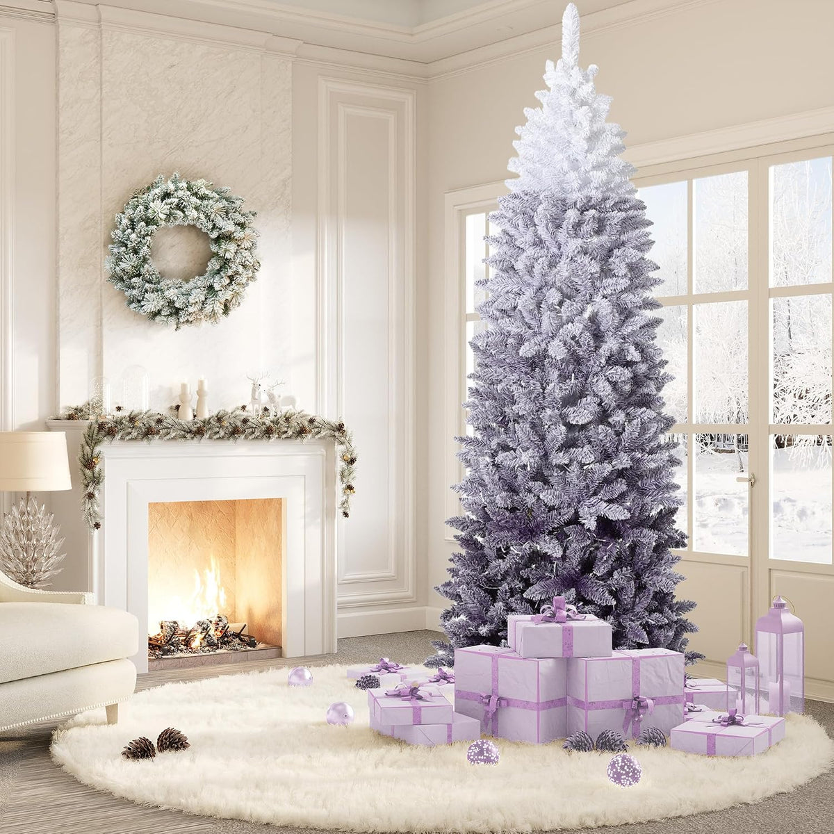 Garvee 6 ft Snow Flocked Pencil Christmas Tree, Slim Artificial Christmas Tree with Sturdy Metal Stand, Skinny Xmas Tree Holiday Decoration for Home, Office, Purple Gradient