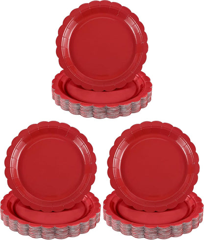NatNarr 30 Pcs Red Paper Plates 9" Scalloped Red White Party Plates