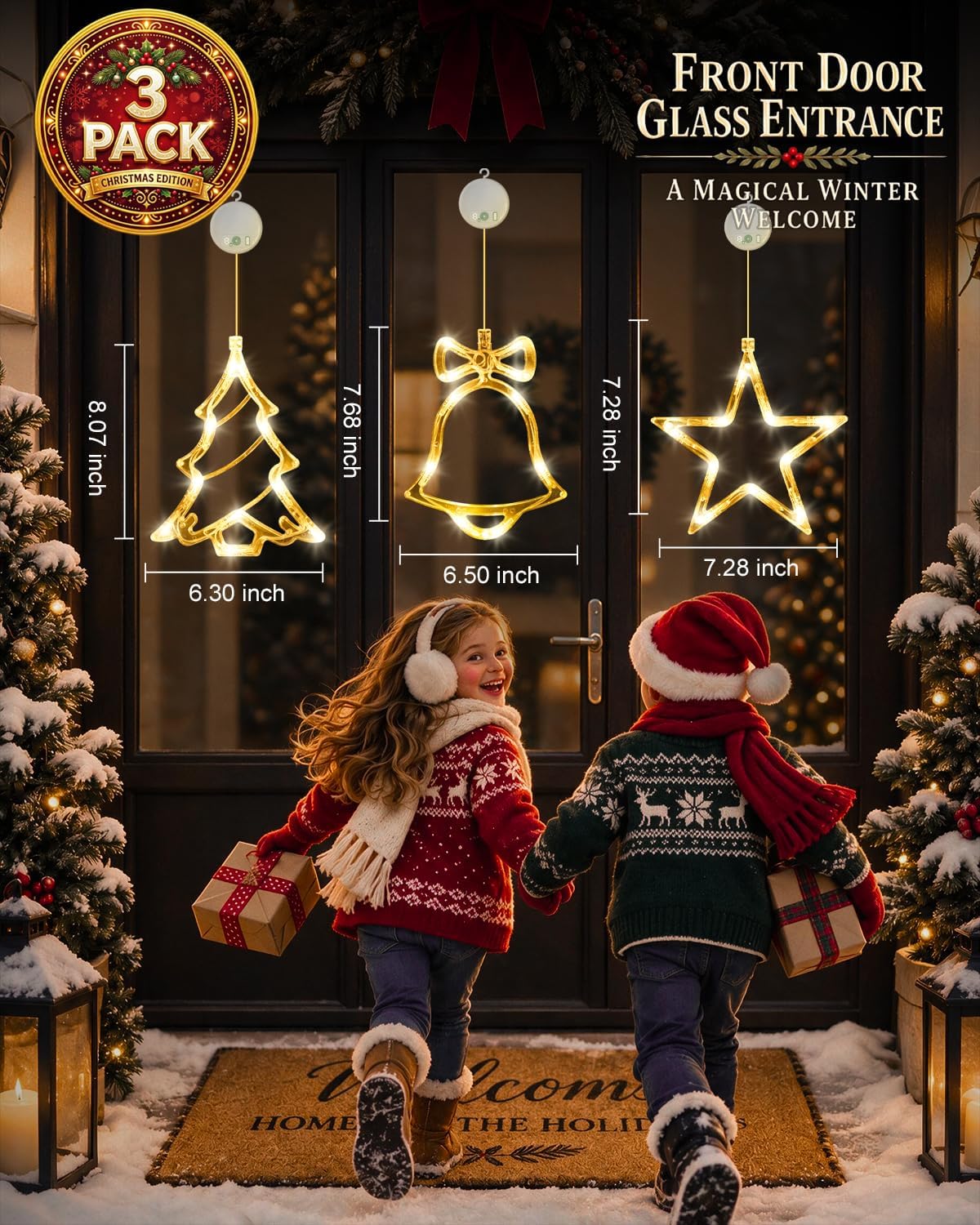 Christmas Decorations, 3 Pack Rechargeable Christmas Window Lights