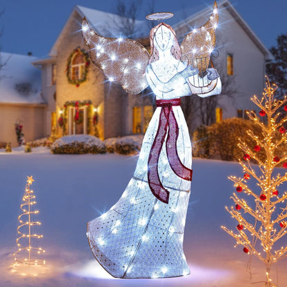 Tangkula 5 FT Christmas Lighted Angel with Trumpet & Halo, 3D Angel Decor