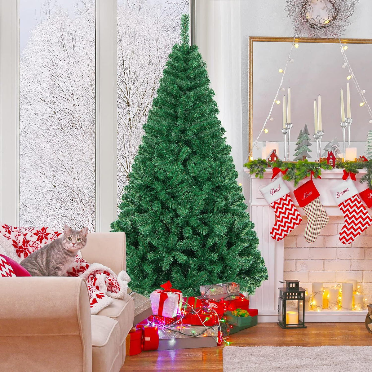 HAPPYGRILL 6FT Artificial Christmas Tree, Unlit Xmas Pine Tree, Metal Stand
