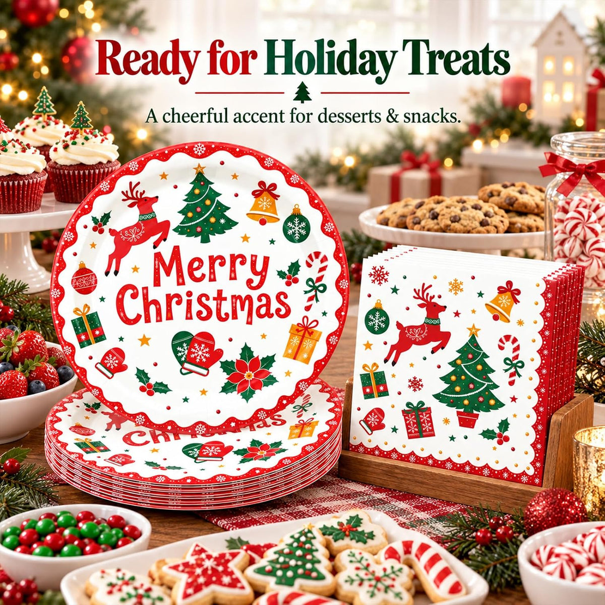 50PCS Christmas Plates and Napkins, 7 Inch Reindeer Dessert Plates