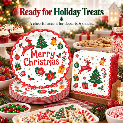50PCS Christmas Plates and Napkins, 7 Inch Reindeer Dessert Plates