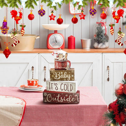 Moucuny 4 Pcs Christmas Table Decorations Indoor, Hot Cocoa Wood Block Sign