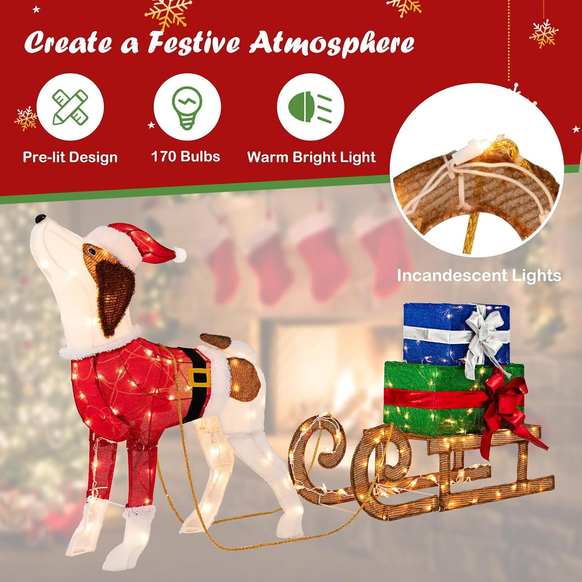 Tangkula Lighted Christmas Dog with Sleigh & Gift Boxes Combo Decorations, Xmas Lighted Indoor Decorations, Pre-lit Christmas Decoration with 170 Warm Bright Lights for Porch Garden Patio Yard