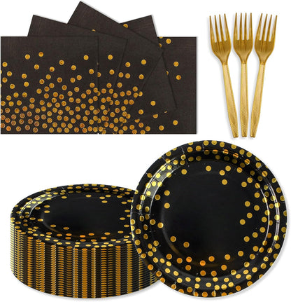 Paper Plates and Napkins Set, Red and Gold Dot, 75PCS, Serves 25