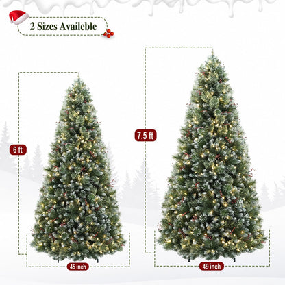 6FT Flocked Prelit Christmas Tree with Pine Needles&Red Berries