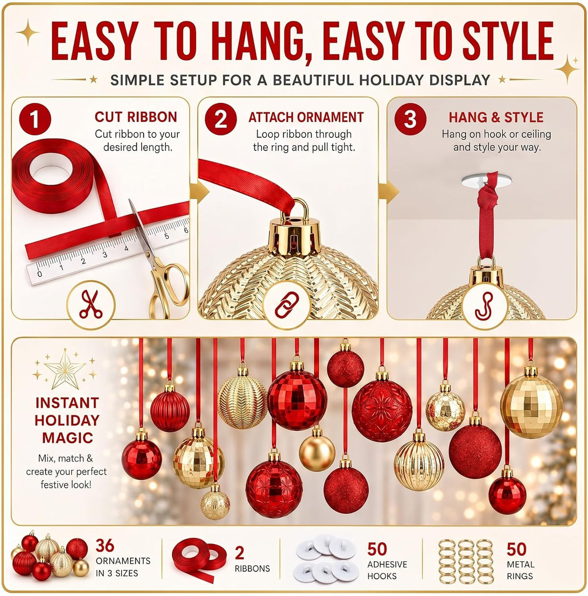 36 Pcs Christmas Balls Ornaments for Ceiling, Red, Gold
