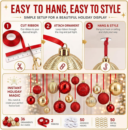 36 Pcs Christmas Balls Ornaments for Ceiling, Red, Gold